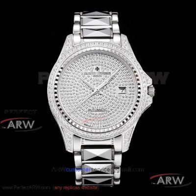 Perfect Replica Vacheron Constantin Traditionnelle Stainless Steel Diamond Case Full Diamond Dial Pyramid Band 40mm Watch